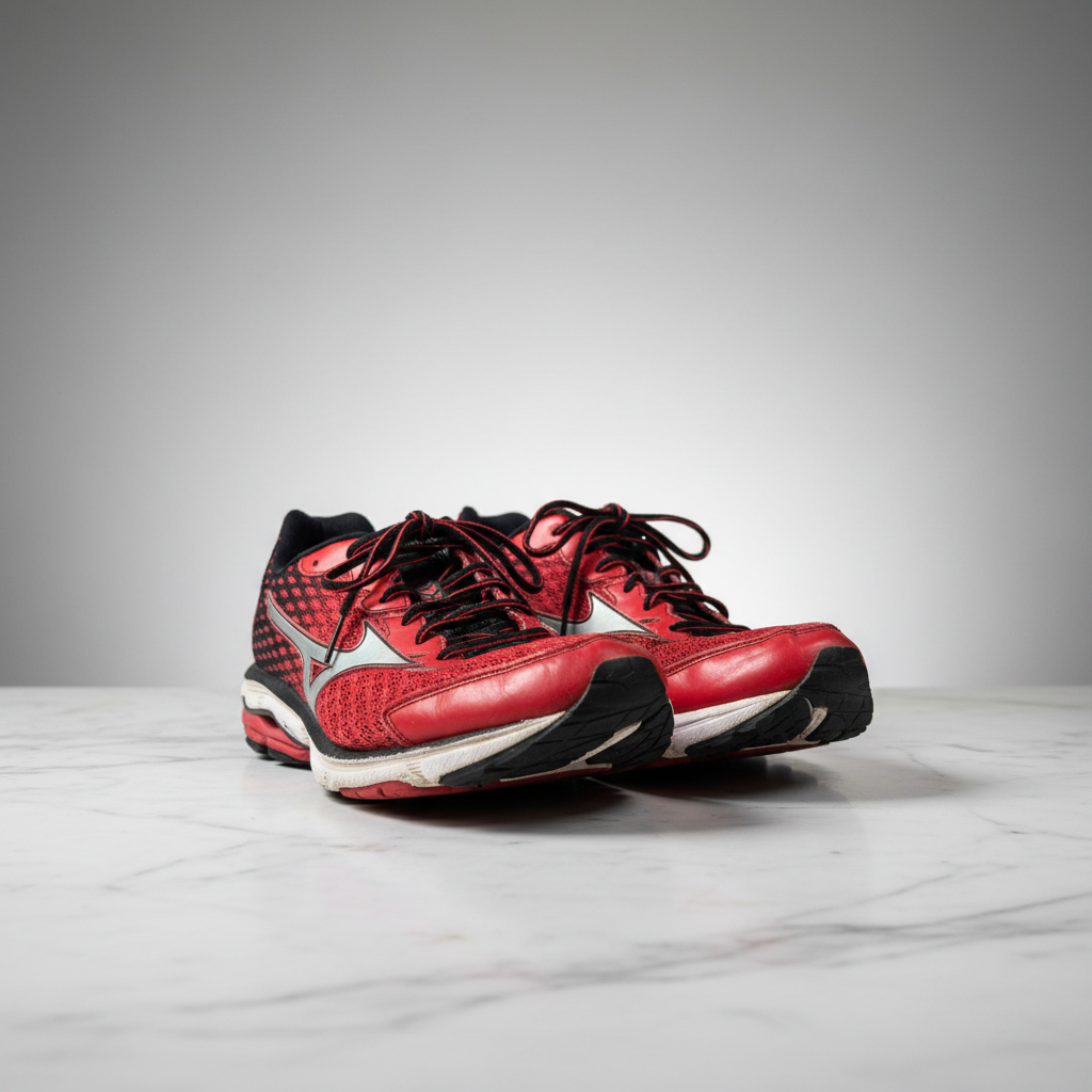 Red and black Mizuno Wave X18 running shoes on marble background